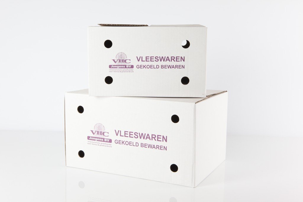 Kartonnen doos wit bedrukt met logo in paars